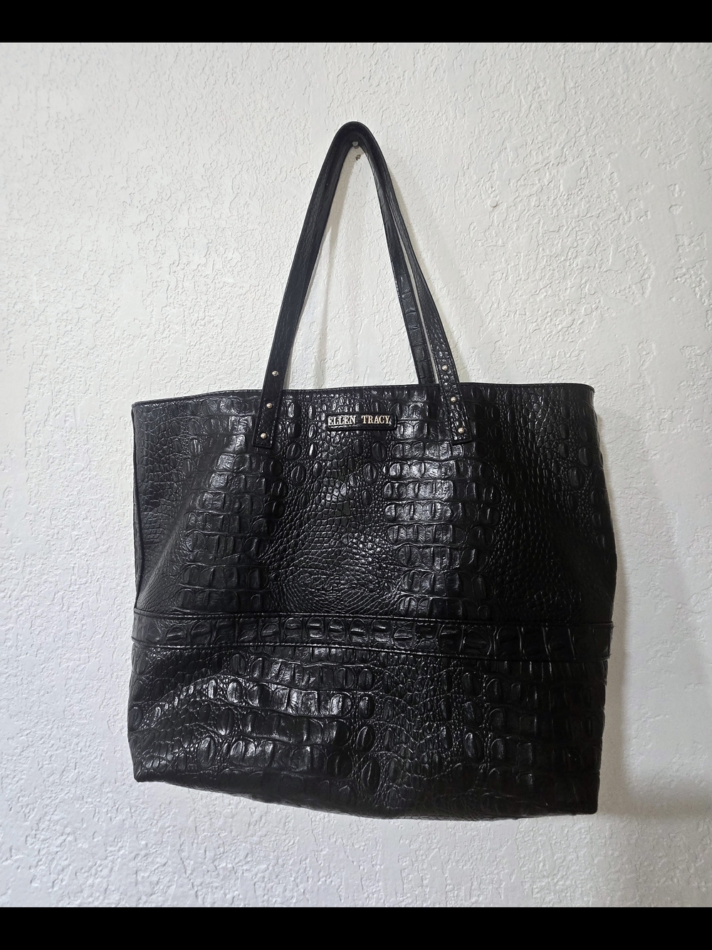 Ellen Tracy Sleek Black Vegan Croc-Embossed Tote Bag Purse